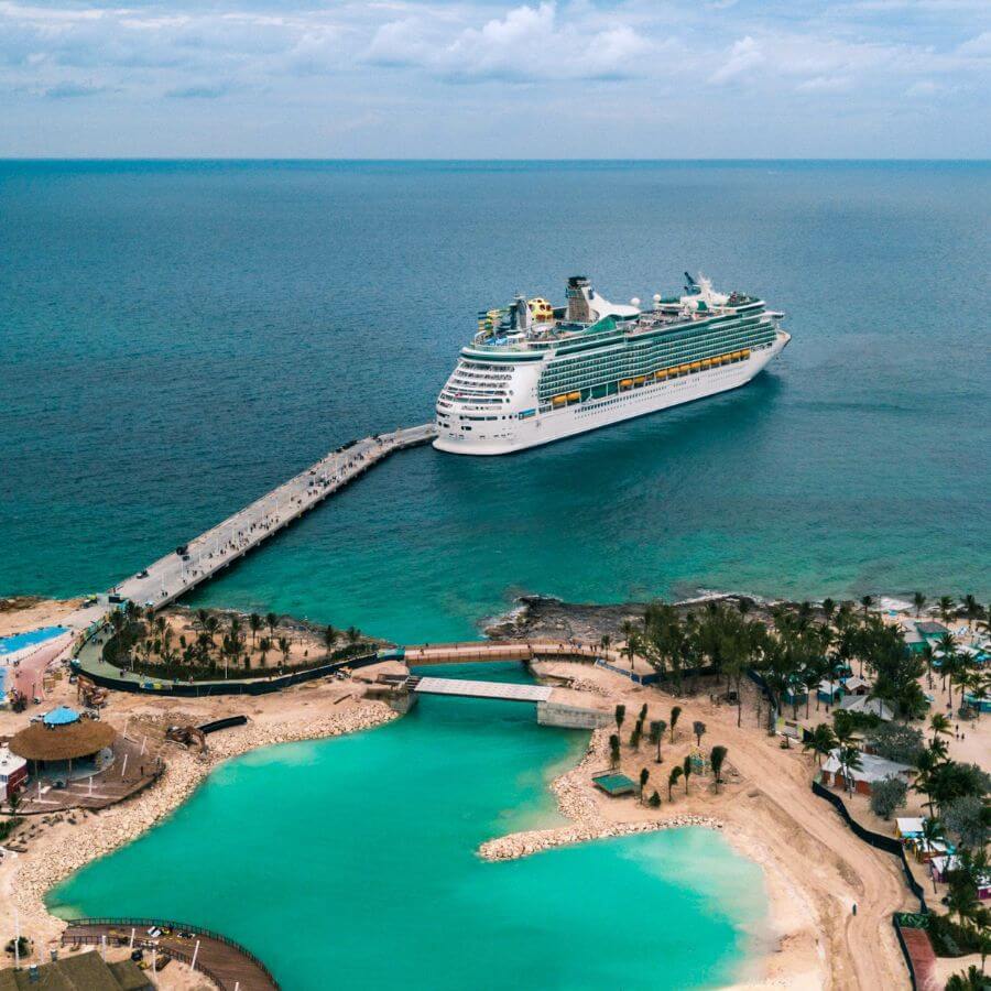 A cruise ship approaching an island