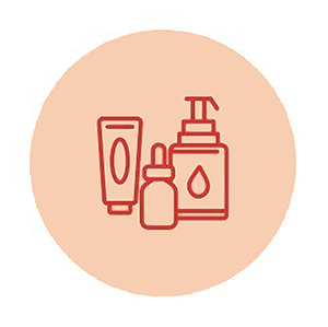 unified-look salmon icon with red outline of tube, eye dropper and pump bottle