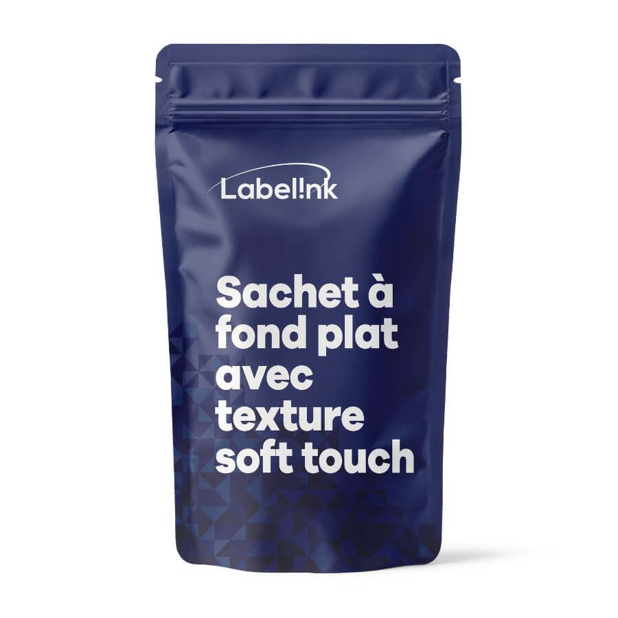 dark blue stand up pouch with white text