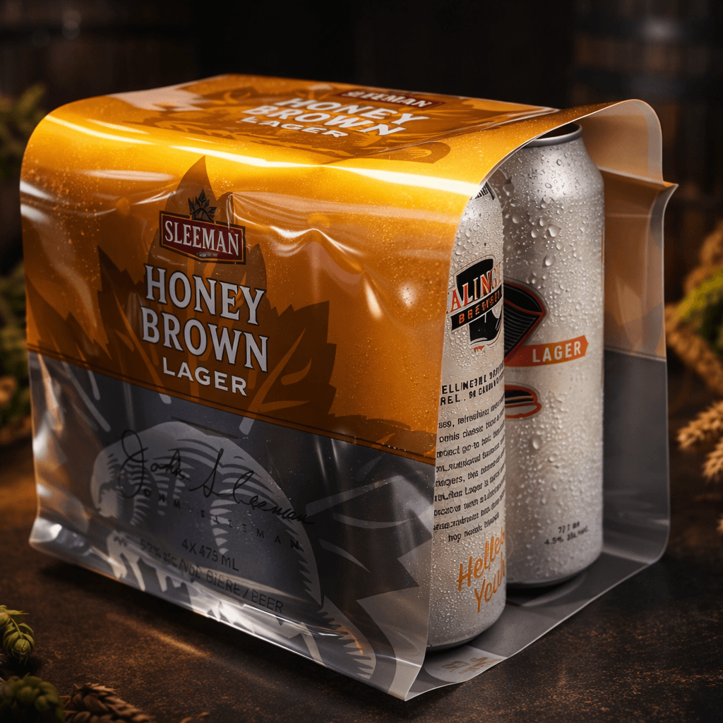 Beer cans inside a shrink sleeve before being placed in the heat tunnel