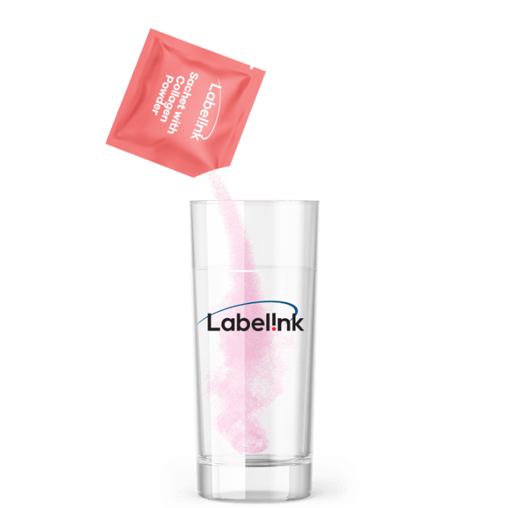sachet with pink collagen powder