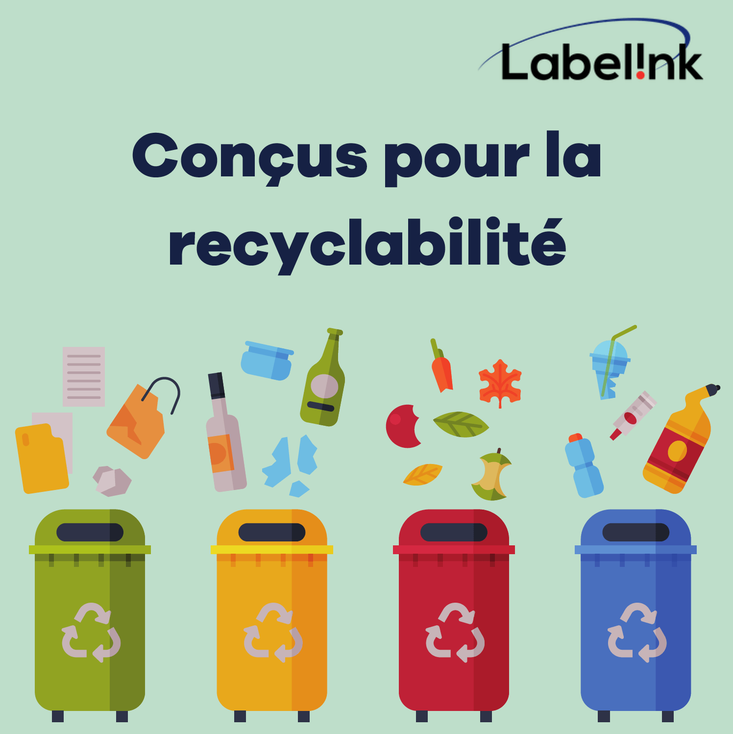 green text box with 4 recycling bins