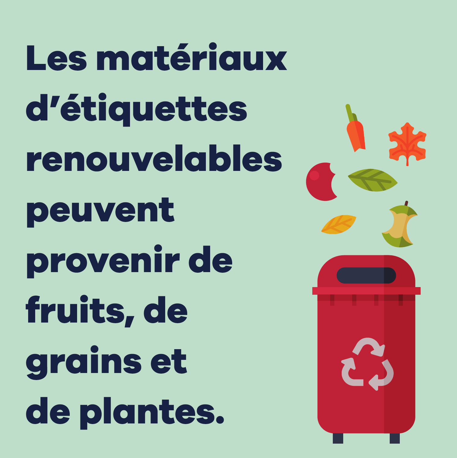 green text box with red recycling bin and floating fruit